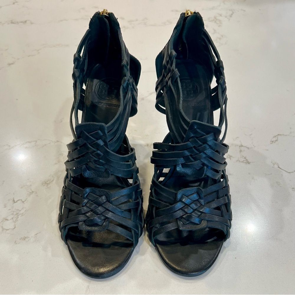 Tory Burch Black Leather Tevray Huarache Wedge Sandals - Picture 4 of 10